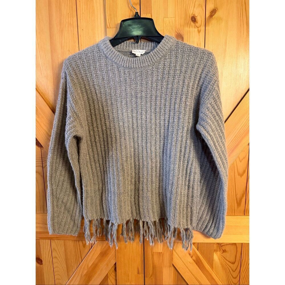 Hem & Thread Grayish Brown Pullover Fringe Hem Wool Blend Sweater Size Small (73